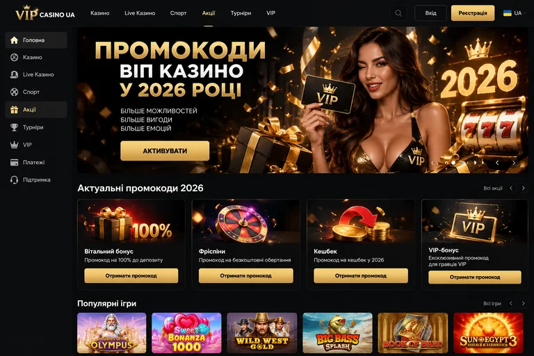Розділ акцій VIP Casino з добіркою промокодів на 2026 рік